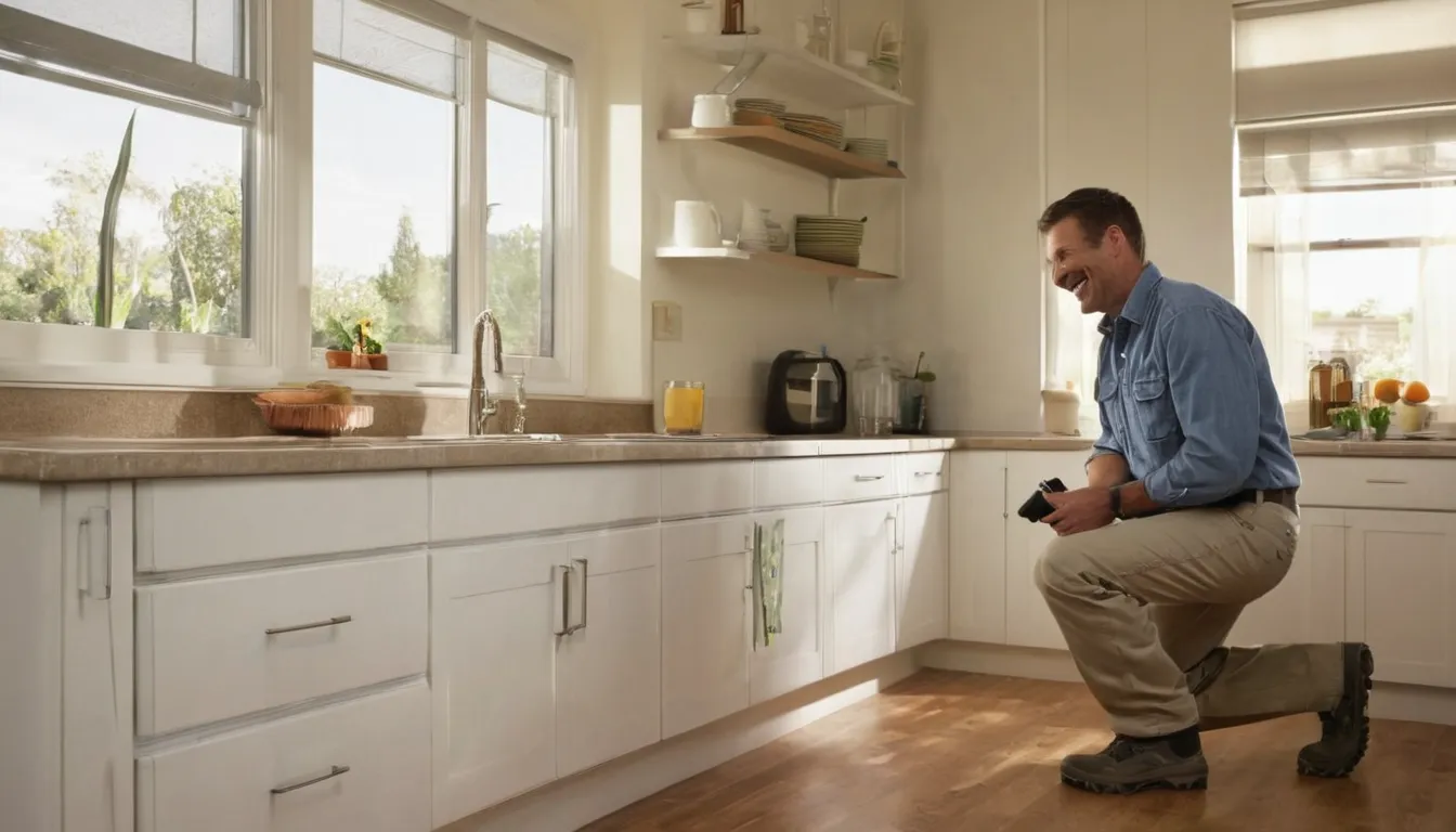 Friendly pest control provider inspecting a kitchen baseboard with a homeowner in the Adamsville area